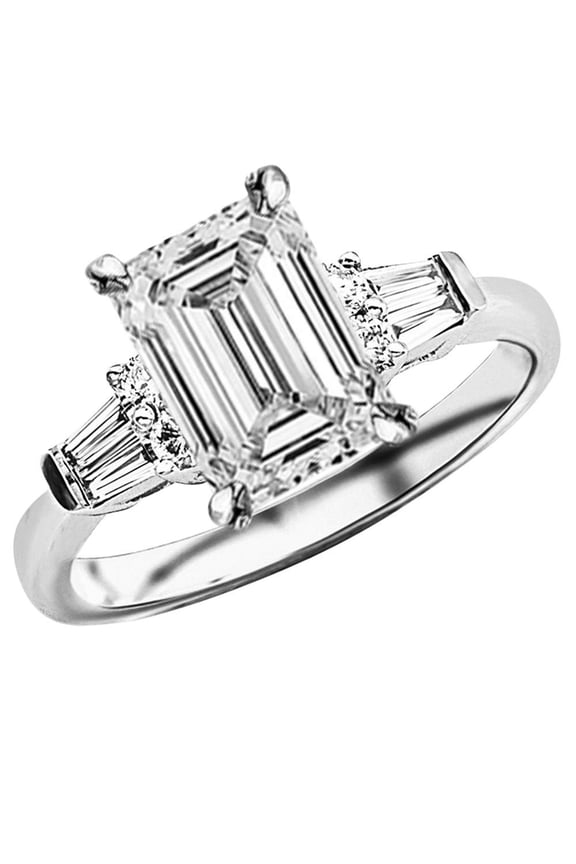 2 to 5.5 Carat Center LAB GROWN DIAMOND Prong Set Round And Baguette Emerald Cut Diamond Engagement Ring (E-F Color VS1-VS2 Clarity) Platinum 2 Carat Center Size-4