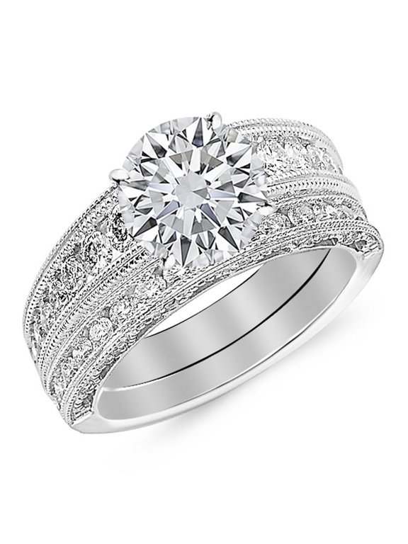 2.6 Carat Antique/Vintage Style Channel Set Round Diamond Engagement Ring with Milgrain with a 2 Carat Moissanite Center Platinum Size: 8