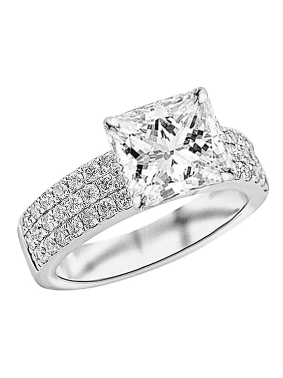 2.75 to 5.75 Carat LAB GROWN DIAMOND Modern Triple Three Row Pave Set Round Cut Princess Cut Diamond Engagement Ring(E-F, VS2-SI1, 2 Ct Center)14K White Gold 2.75 Carat