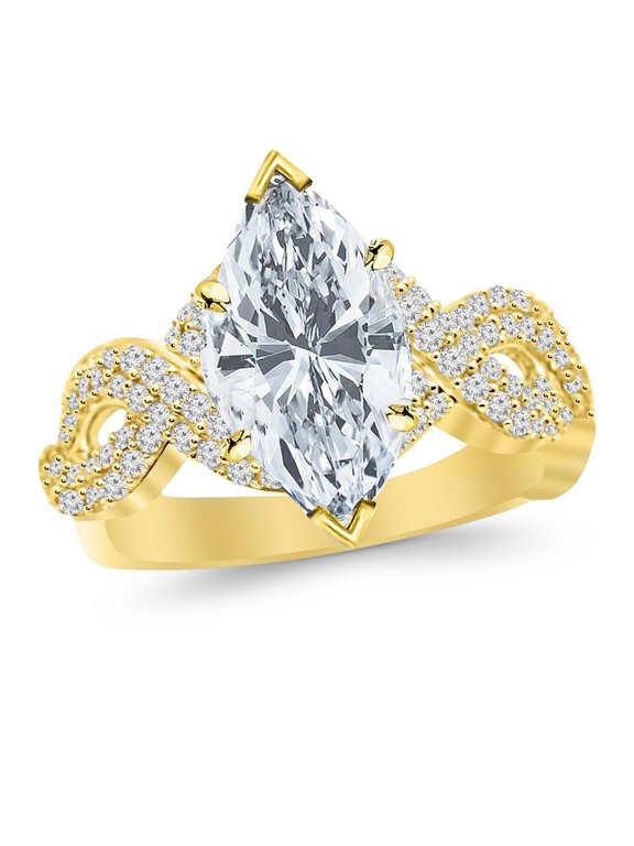 2.75 Carat LAB GROWN DIAMOND Twisting Double Row Eternity Split Shank Marquise Cut Diamond Engagement Ring (G-H Color VS1-VS2 Clarity 2 Ct Center) 14K Yellow Gold Size-6