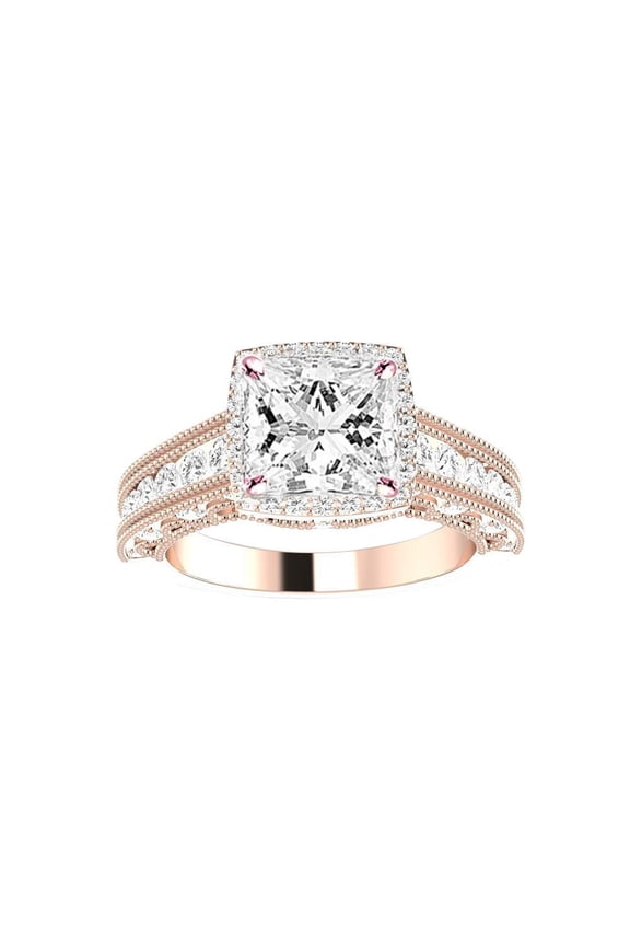 2.75 Carat Vintage Halo Style Channel Set Round Brilliant Diamond Engagement Ring Milgrain with a 2 Carat Moissanite Center 14K Rose Gold Size: 7