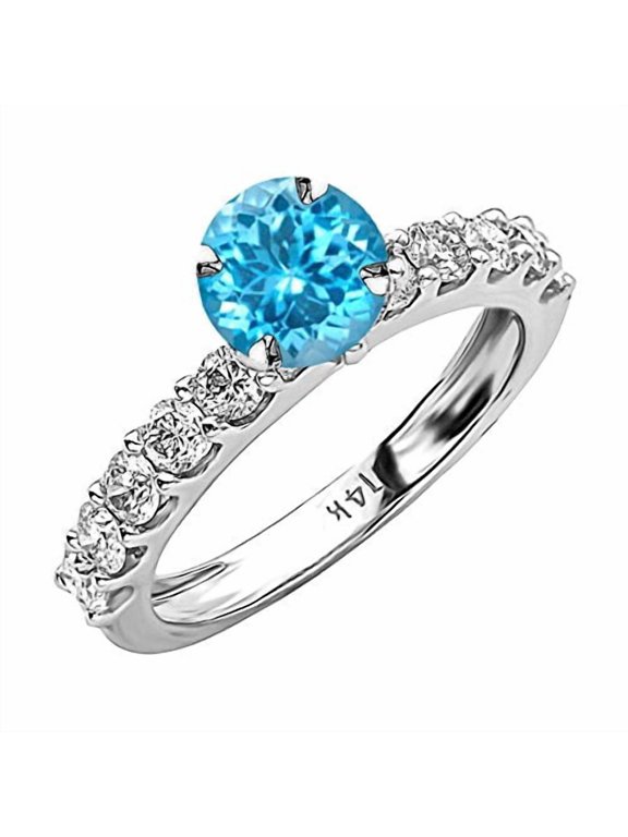 2.9 Carat 14K White Gold Classic Side Stone Prong Set Diamond Engagement Ring w/a 2 Carat Round Cut Blue Swiss Blue Topaz Heirloom Quality Size: 4