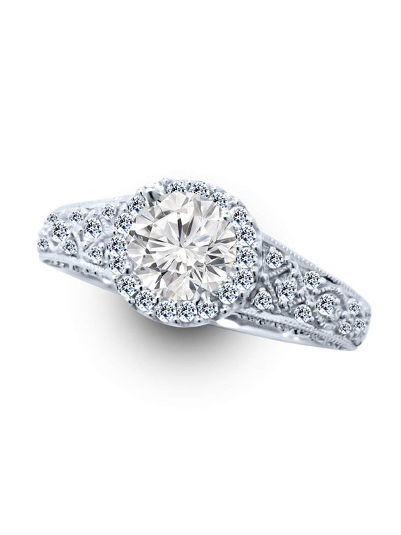 2 Carat 14K White Gold Lab Grown Synthetic Round Vintage Pave Set IGI Certified Diamond Engagement Ring (1.5 Ct, I-J Color, SI1-SI2 Clarity Center) Size: 9