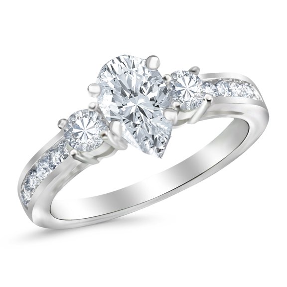 Houston Diamond District 3.75 Carat LAB GROWN DIAMOND Channel Set 3 Three Stone Princess Cut Diamond Engagement Ring (E-F Color VS2-SI1 Clarity 3 Ct Center) 14K White Gold Pear Shape Size-9