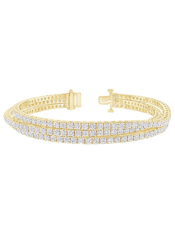 4 to 20 Carat (ctw) Round Cut LAB GROWN Diamond Round Cut Triple Strand Flexible Diamond Tennis Bracelet (Color D-E Clarity VS1-VS2) 14K Yellow Gold 4 Carat