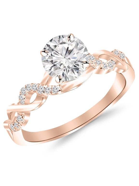 Twisting Infinity Gold and Diamond Split Shank Pave Set Diamond Engagement Ring I-J I2 Round Brilliant Cut/Shape Center 14K Rose Gold 5 Carat Lab Grown Size-5