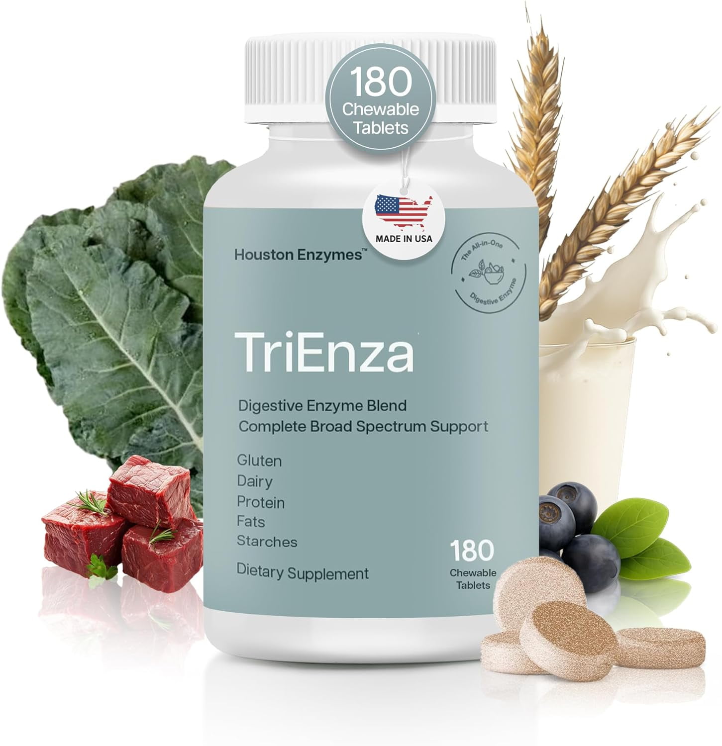 Houston Enzymes TriEnza - Broad-Spectrum Enzyme for Digestive Health Support - 180 Chewable Tablets