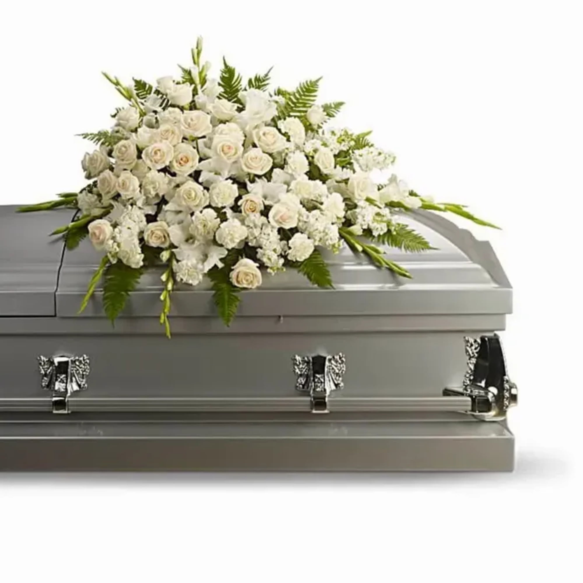 Houston Fresh Flowers Half Casket with White Carnations, Roses and