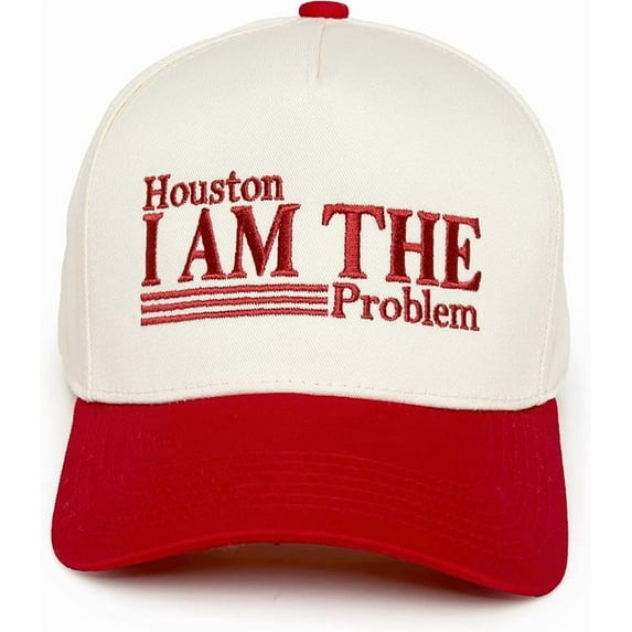 Funky Junque Trucker Hat – Vintage Two-Tone Snapback Baseball Cap with Embroidered Design - Houston I Am the Problem - Beige/Red