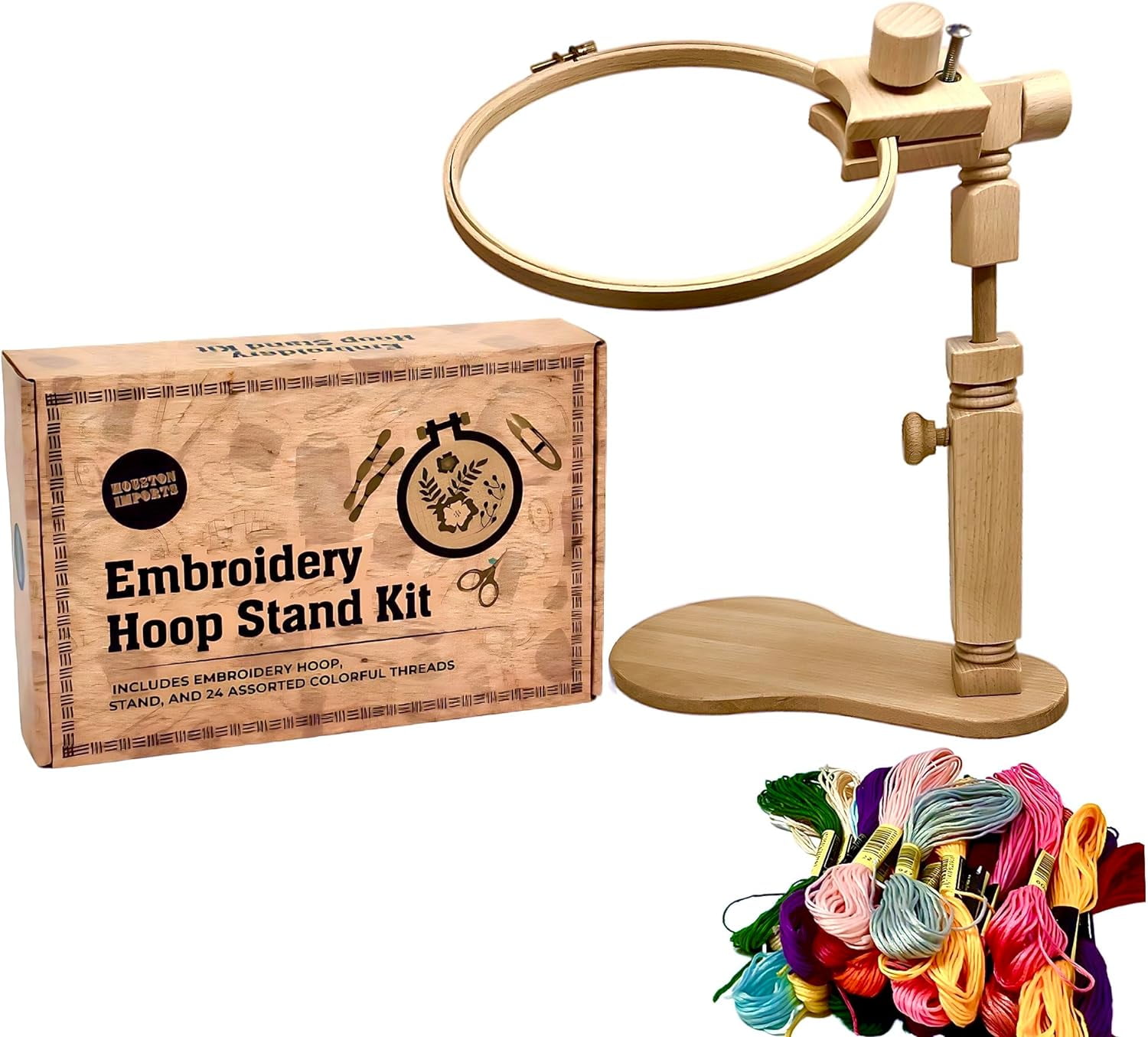 Houston Imports  Hand Embroidery Kit with 8” Hoop, Stand, and 24 Assorted Color Threads, Beginner Sewing and Needlepoint Bundle with Accessories, Hands-Free Adjustable Frame for Arts.