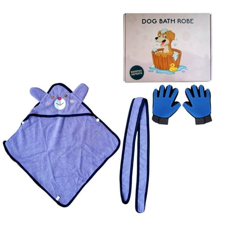 Houston Imports Hooded Dog Bathrobe Towel - Dog Grooming Bundle with Highly Absorbent Soft Micro-Fiber Towel Dog Robe and Pair of Dog Cleaning Gloves to Help Detangle Dog Hair while Grooming, Medium