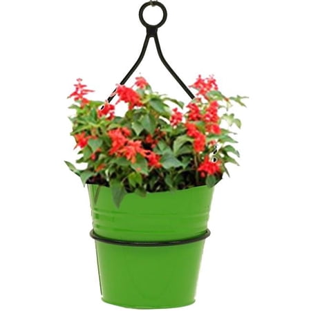 Houston International Trading 0337E S-2 AG 6.5 in. Enameled Galvanized Planter with Iron Hanger, AppleGreen