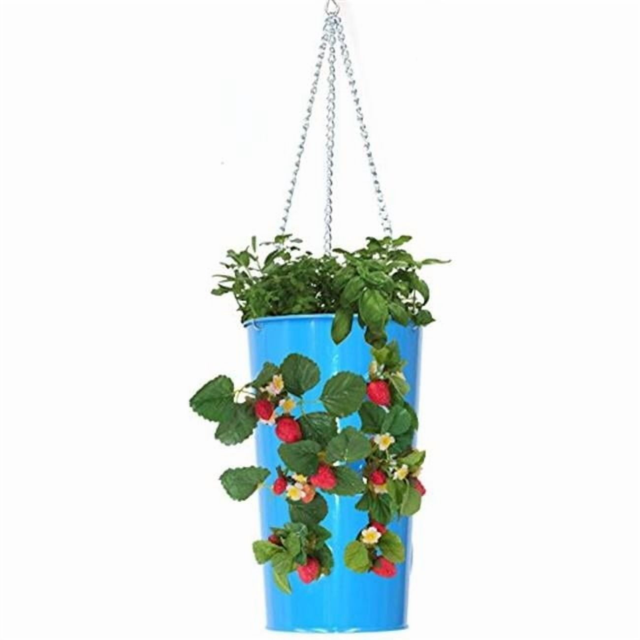 Houston International Trading 7 in. x 12 in. Enameled Galvanized Hanging Strawberry, Floral Planter - Blue