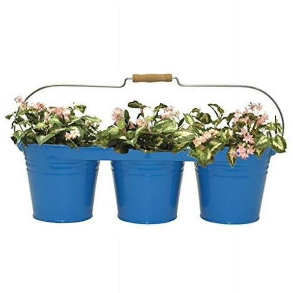 Houston International Trading 8333E B Enameled Galvanized Triple Planter with Wood Handle for 6.5 in. Pots, Blue