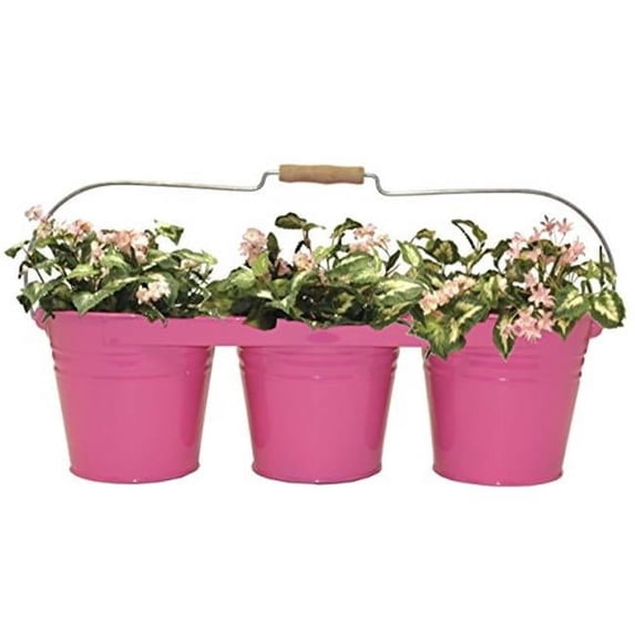 Houston International Trading 8333E HPK Enameled Galvanized Triple Planter with Wood Handle for 6.5 in. Pots, HotPink