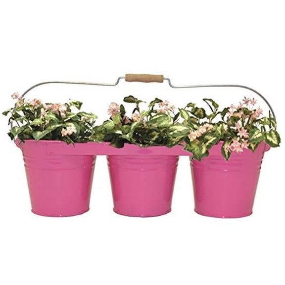 Houston International Trading 8333E HPK Enameled Galvanized Triple Planter with Wood Handle for 6.5 in. Pots, HotPink