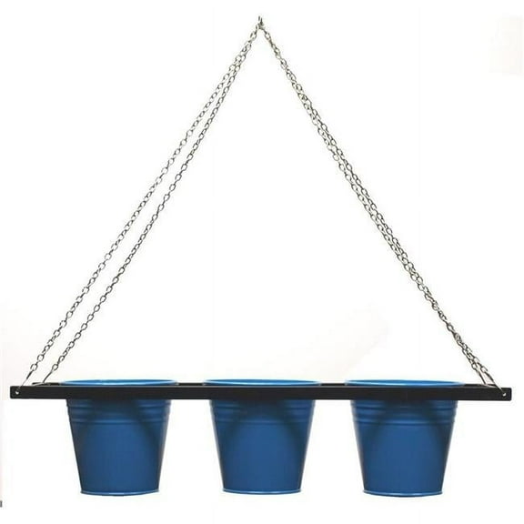 Houston International Trading 8536E B Enameled Galvanized Triple Hanging Planter with Iron Holder, Blue