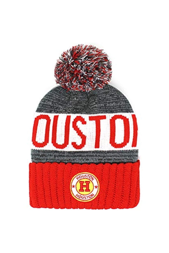 Houston Men's Winter Knit Landmark Patch Pom Beanie (Red/White)