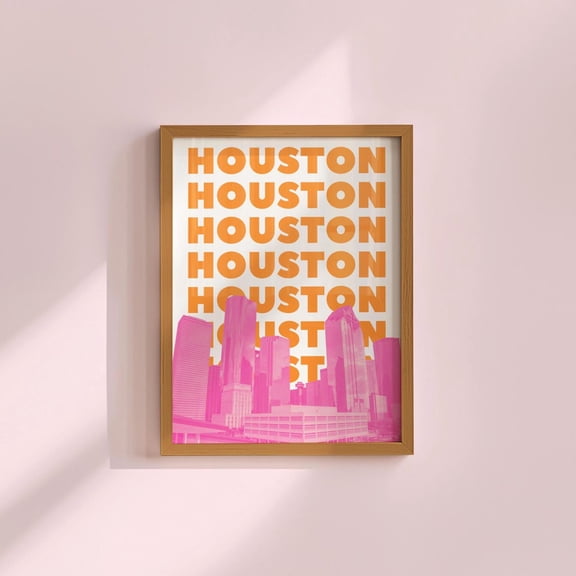 Houston Print Texas Wall Art Orange Pink Tx Travel Print Houston City Skyline Preppy Dorm Decor Girly Artwork Home Decor #566, Unframed Canvas Size 24x36
