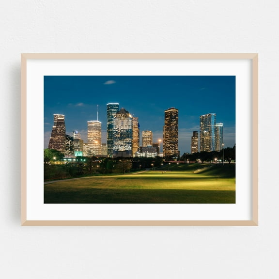 Houston Skyline 01 - Houston Texas Photography Skyline City Night Sky Architecture Scenic Modern Art Travel Poster Oak Framed Wall Art Print 5 x 7 inches