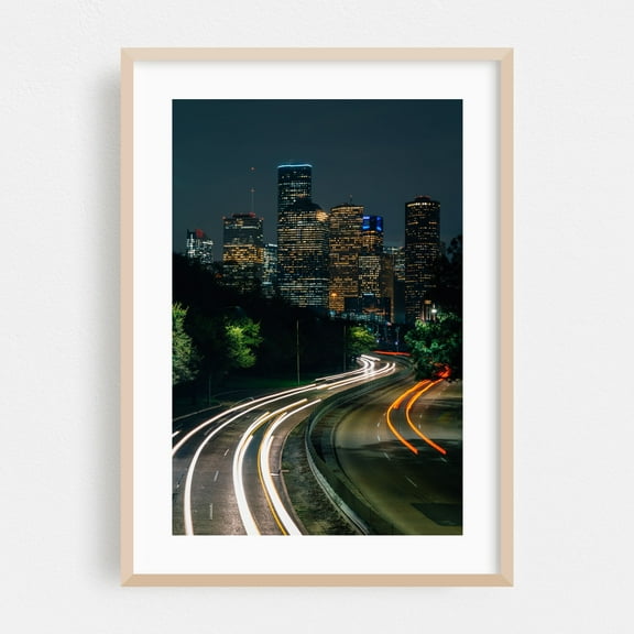 Houston Skyline 03 - Houston Texas Photography City Skyline Nightlife Architecture Night Sky Modern Art Street Photography Oak Framed Wall Art Print 5 x 7 inches