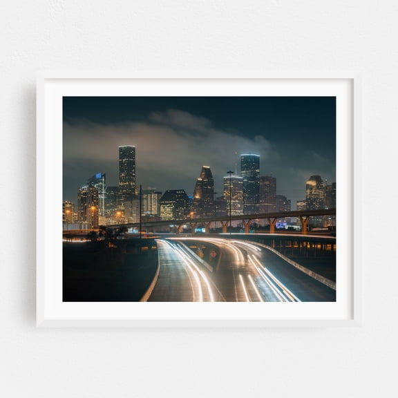 Houston Skyline 04 - Houston Texas Photography Cityscape Nightlife Skyline Architecture Bridge Night Sky Modern Art White Framed Wall Art Print 5 x 7 inches