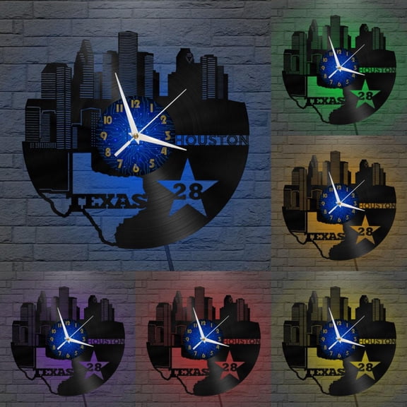 Houston Texas 12 Inch Vinyl Record Wall Clock - Silent, Creative, and Unique Clock for Living Room, Entryway, or Bedroom Decor - Perfect Gift Idea(12 inchs B with LED)