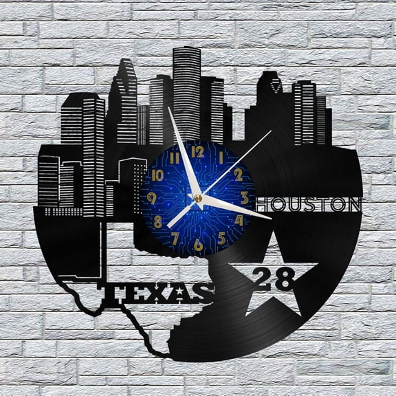 Houston Texas 12 Inch Vinyl Record Wall Clock - Silent, Creative, and Unique Clock for Living Room, Entryway, or Bedroom Decor - Perfect Gift Idea(12 inchs B without LED)