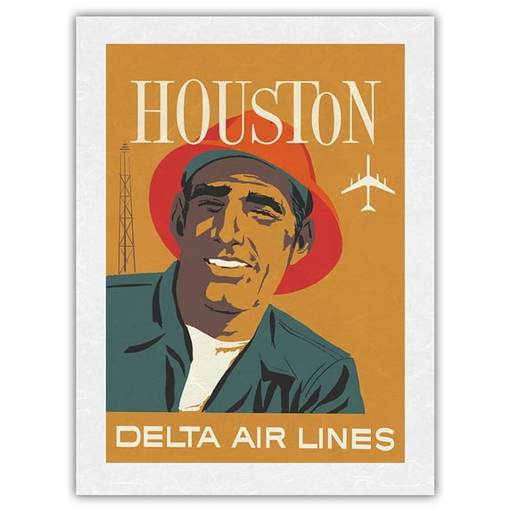 Houston Texas - Delta Air Lines - Vintage Airline Travel Poster by John Hardy c.1960s - Japanese Unryu Rice Paper Art Print 24 x 32 in