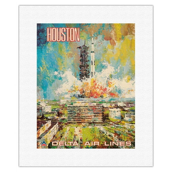 Houston Texas - NASA Johnson Space Center - Delta Air Lines - Vintage Airline Travel Poster by Jack Laycox c.1970s - Fine Art Rolled Canvas Print 11in x 14in