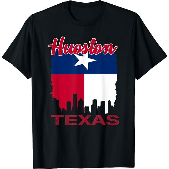 Houston Texas Skyline Shirt - Vintage Houston Texas Flag T-Shirt Black Large