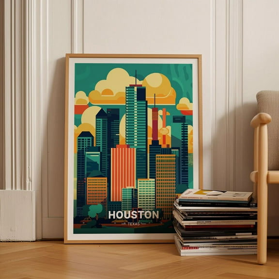 Houston Travel Poster, Texas Cityscape Art, Mid-Century Modern Decor, Retro Wall Art For Home Office And Hallway Wall Art, Modern Wall Decor, 8x12 UNFRAMED