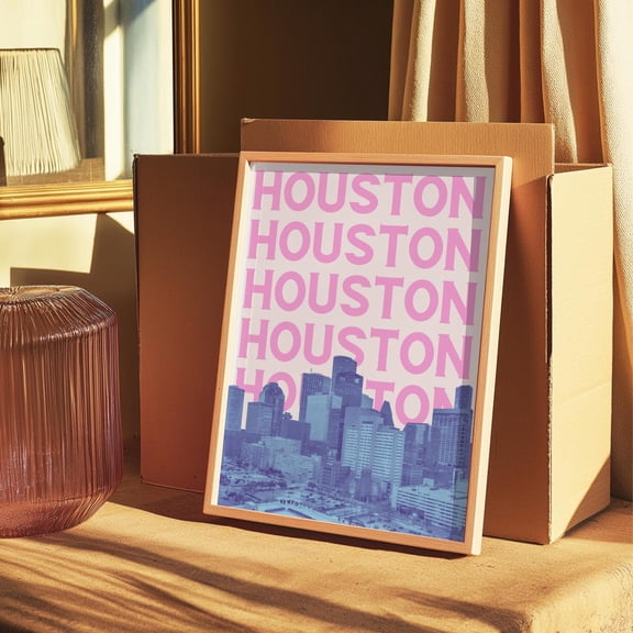 Houston Wall Art Print Blue And Pink Skyline Print Girly Houston Tx Artwork Preppy Texas Dorm Decor Retro City Home Decor #628, Stretched Canvas Size 8x12