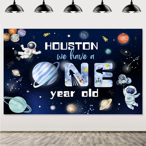 Houston We Have A One Year Old Space Theme 1st Birthday Party Photography Backdrop, Blue Outer Space Theme 1st Happy Birthday Backdrop Banner for Kids Boy 1st Birthday Party Supplies