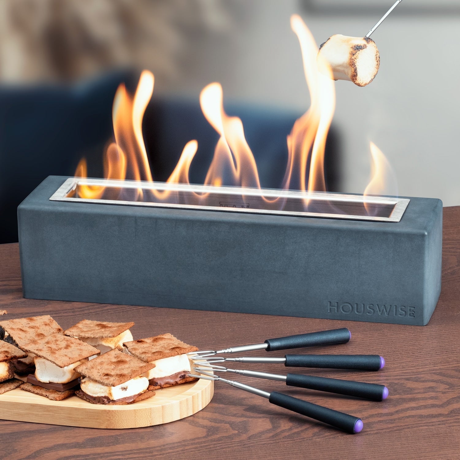 Dark Gray Rectangular Concrete Tabletop Fire Pit with Gel Fuel
