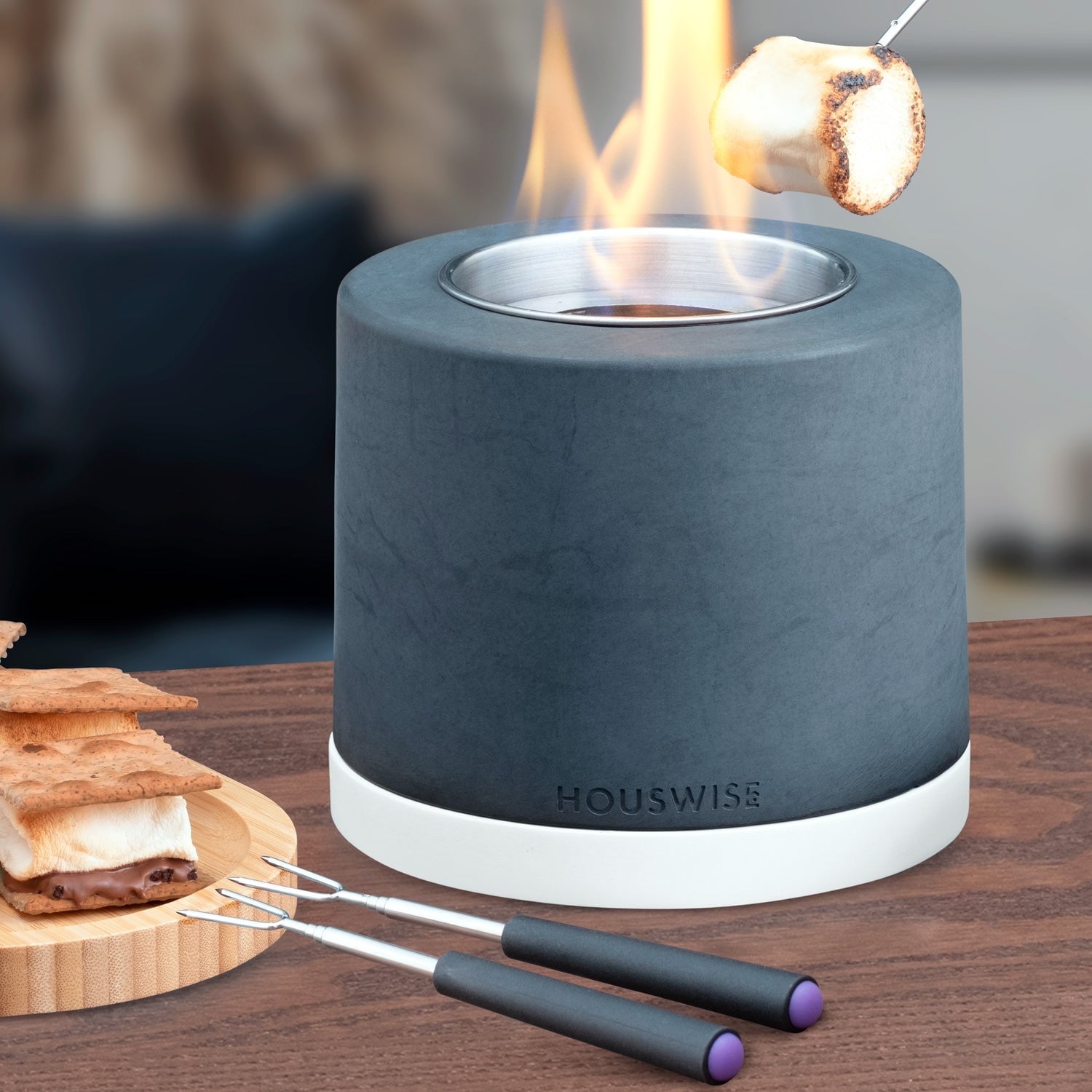 Dark Gray Concrete Round Tabletop Fire Pit with Roasting Sticks