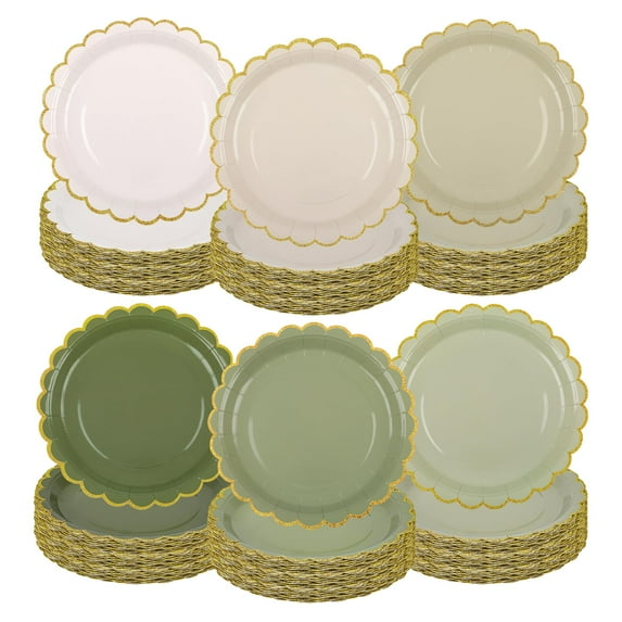 Houuqe 120 Pcs Sage Green Party AFN1Plates 9 Inch Gradient Green Scalloped Dessert Plates Disposable Dinner Paper Plate for Wedding Baby Shower Bridal shower Birthday Party (Scalloped,6 Colors)