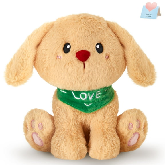 Houwsbaby 11" Cute Dog Plush Toy with Removable Green Love Scarf, Soft Stuffed Animal for Kids Boys Girls, for All Occasions
