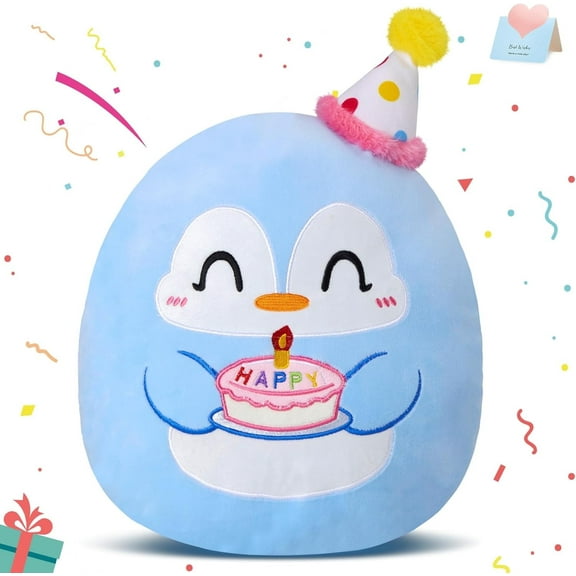 Houwsbaby 12'' Blue Happy Birthday Penguin Plush Pillow,Penguin Stuffed Animal Toy Holding a Cake,Cute Birthday Gift Decoration for Kids' Birthday Parties Boys Girls