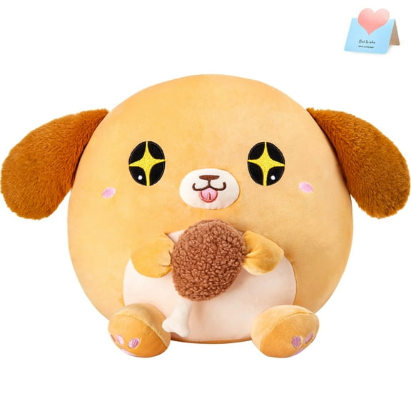 Houwsbaby 12 inch Yellow Round Puppy Holding A Fried Chicken Leg Soft Plush Pillow With The Puppy's Image Holiday Gift For Boys And Girls