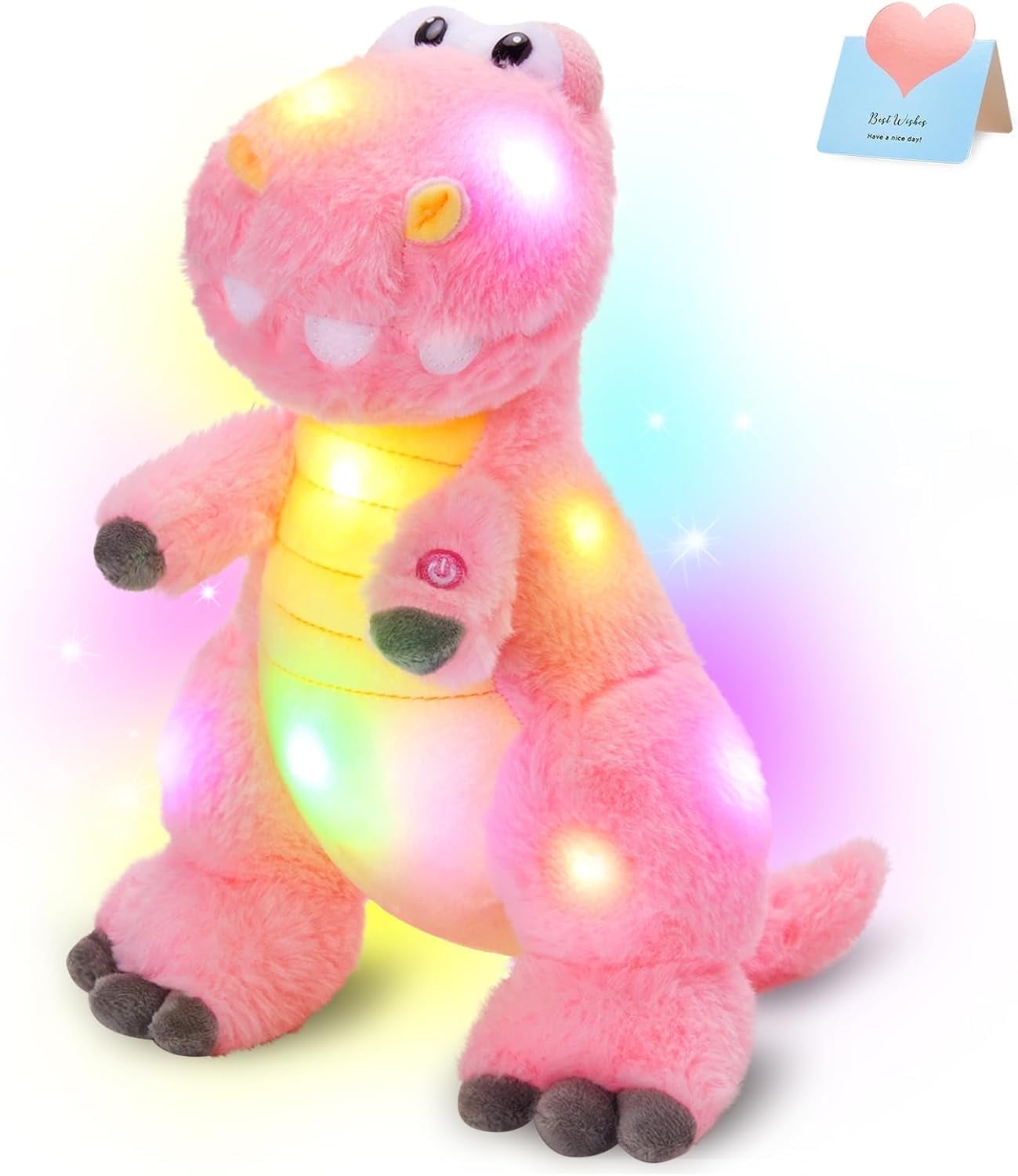 Houwsbaby 13'' Glowing LED T-Rex Dinosaur Light Up Stuffed Animal Soft Colorful Plush Toy Hugging Present for Kids Boys Girls Babies Accompany at Night Pet Decoration Holiday Birthday,Pink