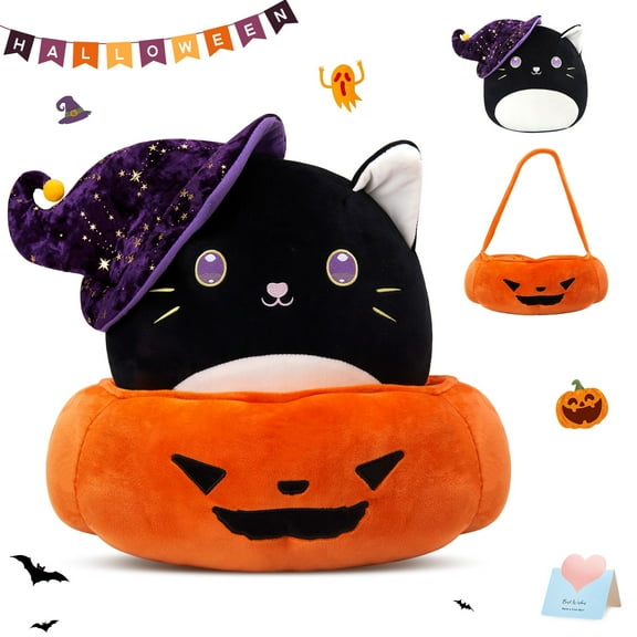 Houwsbaby 14'' Halloween Pumpkin Black Cat Soft Plush Pillow Big Separable Pumpkin Basket 2-in-1 Set Black Kitty for Kids Boys Girls
