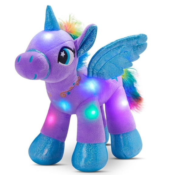 Houwsbaby 14'' Purple LED Light Up Unicorn Stuffed Animal Toy,Glowing Horse Plush Toy Night Light Glitter Present for Kids Boys Girls Present for Easter Birthday Festival Christmas