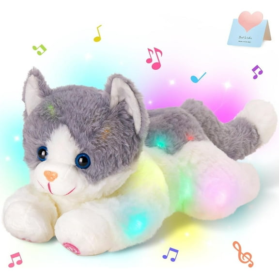 Houwsbaby 15 Inch Gray Singing and Light-up Plush Cat Toy Night LightGlowing Pillow Birthday Holiday Halloween Gift for KidsChildren Girls