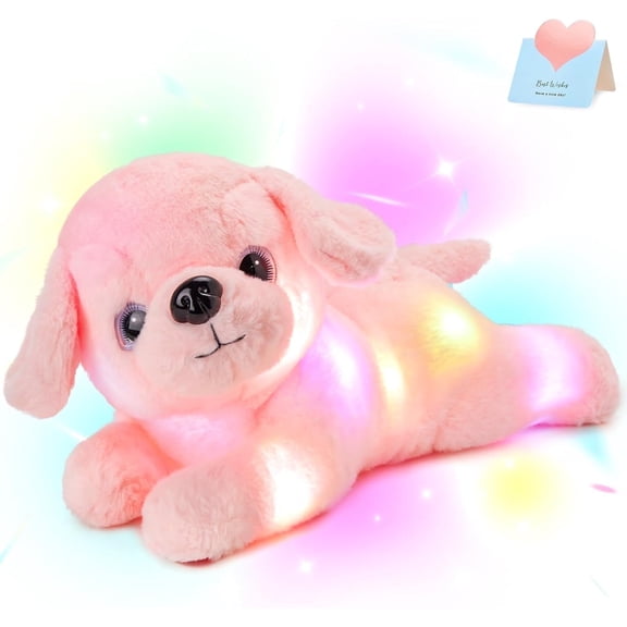 Houwsbaby 15'' Pink Light up Puppy Dog Stuffed Animal Soft Toy Pillow with Pink LED,Bedtime Pal Birthday Children's Day Gifts for Toddler Kids