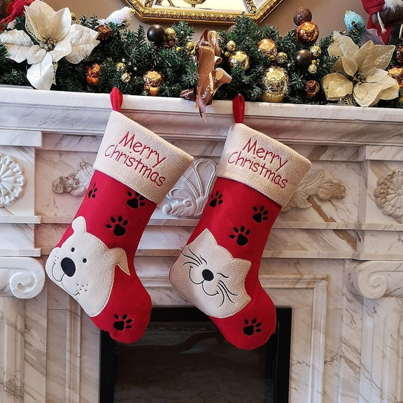 Houwsbaby 18’’ Cat Felt Christmas Stockings Paws Embroidered for Pets Kitty Red Xmas Stocking Gift Bag Cuff Lovely Home Holiday Decoration