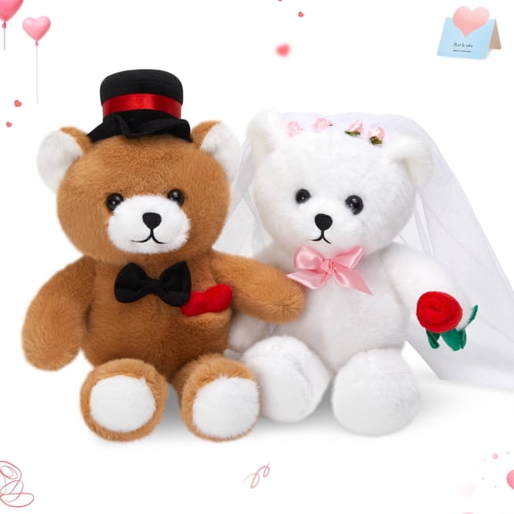 Houwsbaby 2 Piece 10 Inch Wedding Teddy Bears Stuffed Animals Bride & Groom Plush Dolls with Clothing Cute Wedding Proposal Gifts, Perfect for Anniversary, Wedding, Valentine Decor