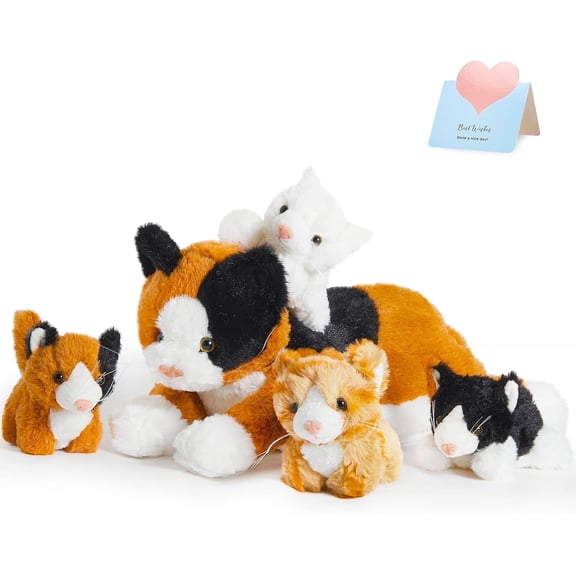 Houwsbaby 5-Piece Cat Plush Toy Set - Mommy Cat with 4 Kittens, Kitty Surprise, Parent-Child Stuffed Animals for Kids, 17''