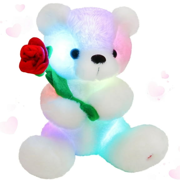 Houwsbaby Glow Teddy Bear with Rose White Bear Stuffed Animal Soft Light up Plush Toy LED Night Lights Birthday Christmas for Kids Toddler Girlfriend,White,10.5''