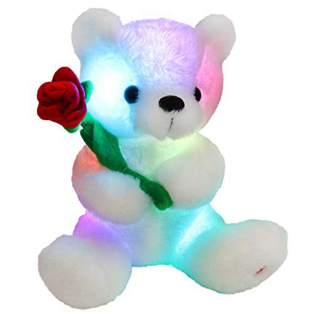 Houwsbaby Glow Teddy Bear with Rose Stuffed Animal Soft Light Up Plush Toy  LED Night Lights for Kids Toddler Girlfriend Mother's Day, White, 10.5''